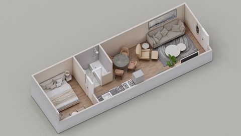 A 3D rendered image of a small, modern, and minimalist bedroom layout.